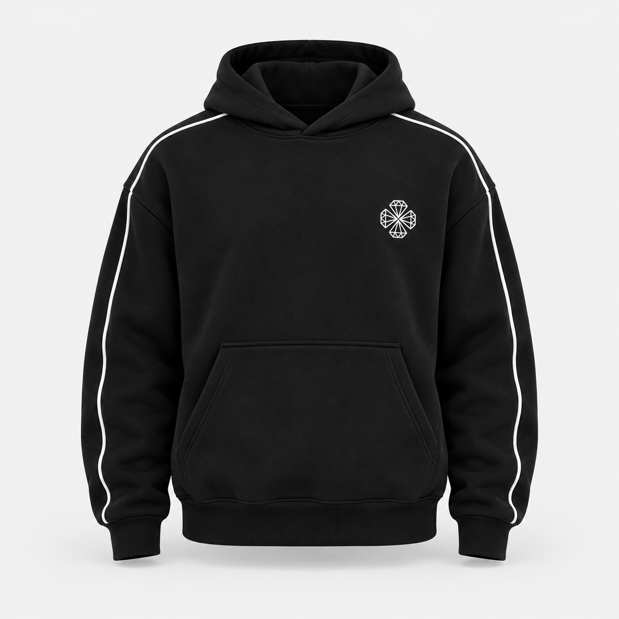 The Classics black hoodie, white four-diamond logo and piping